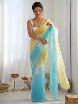 Nyri - Womens Chiffon Yellow Embellished Designer Saree
