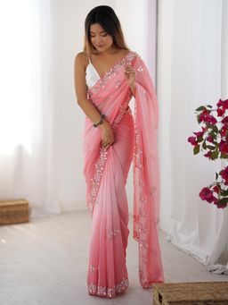 Nyri - Womens Chiffon Pink Embellished Designer Saree