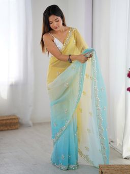 Nyri - Womens Chiffon Yellow Embellished Designer Saree