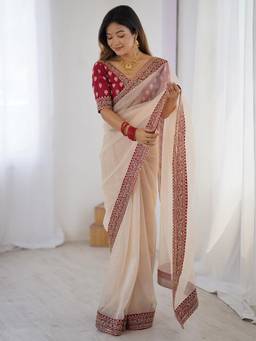 Nyri - Womens Chiffon White Embellished Designer Saree