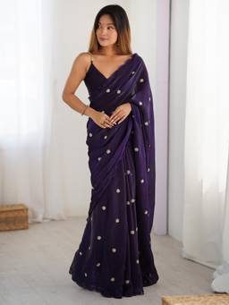Nyri - Womens Satin Silk Purple Embellished Designer Saree