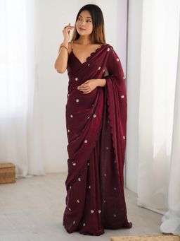 Nyri - Womens Satin Silk Burgundy Embellished Designer Saree