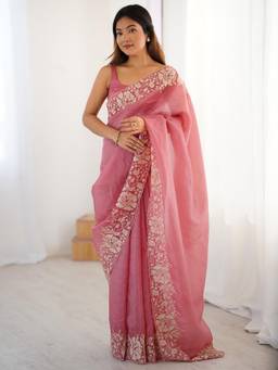 Nyri - Womens Tissue Pink Embroidered Designer Saree