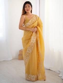 Nyri - Womens Tissue Mustard Embroidered Designer Saree