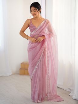 Nyri - Womens Net Pink Embellished Designer Saree
