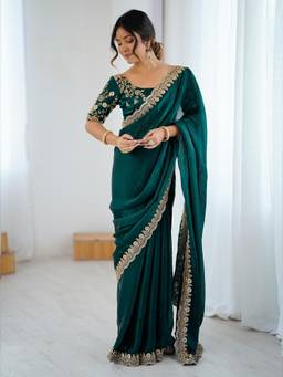 Nyri - Womens Tissue Green Embellished Designer Saree