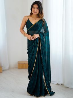 Nyri - Womens Chiffon Teal Blue Embellished Designer Saree
