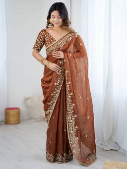 Nyri - Womens Chiffon Brown Embellished Designer Saree