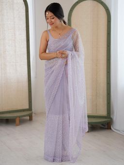Nyri - Womens Net Lavender Embellished Designer Saree