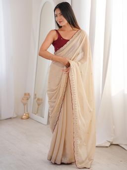 Nyri - Womens Georgette Off White Embellished Designer Saree