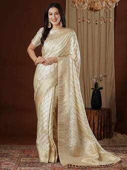 Nyri - Womens Satin Silk Off White Woven Design Designer Saree