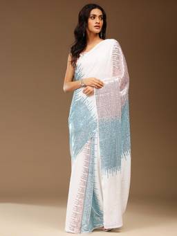 Nyri - Womens Georgette White Embellished Designer Saree