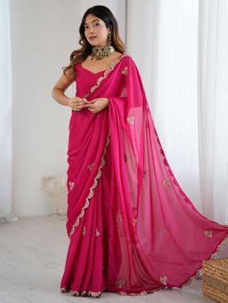 Nyri - Womens Chinnon Pink Embellished Designer Saree