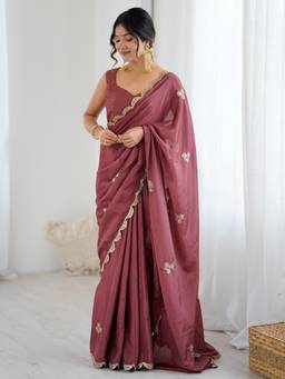 Nyri - Womens Chinnon Mauve Embellished Designer Saree
