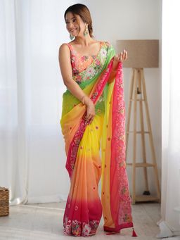 Nyri - Womens Georgette Yellow Embroidered Designer Saree