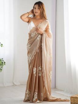 Nyri - Womens Organza Beige Embellished Designer Saree