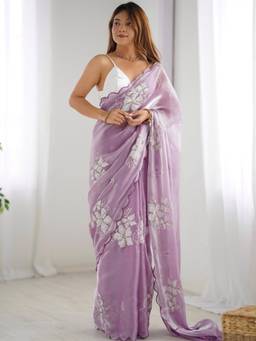 Nyri - Womens Organza Lavender Embellished Designer Saree