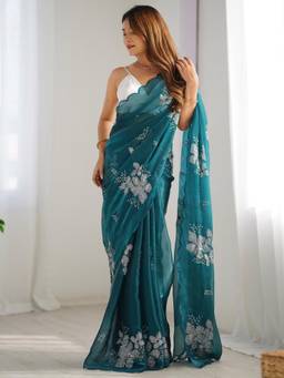 Nyri - Womens Organza Teal Blue Embellished Designer Saree