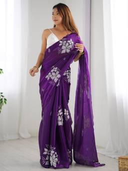 Nyri - Womens Organza Purple Embellished Designer Saree