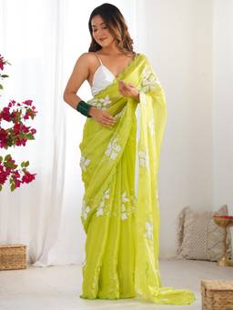 Nyri - Womens Organza Lime Green Embellished Designer Saree