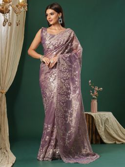 Nyri - Womens Organza Mauve Embroidered Designer Saree