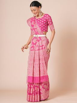 Nyri - Womens Cotton Linen Pink Woven Design Designer Saree