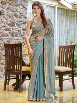 Nyri - Womens Pure Chiffon Teal Blue Embellished Designer Saree