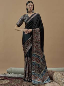 Nyri - Womens Crepe Black Printed Designer Saree