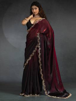Nyri - Womens Satin Silk Burgundy Embellished Designer Saree