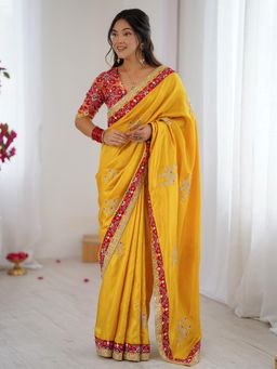 Nyri - Womens Dola Silk Yellow Embellished Designer Saree