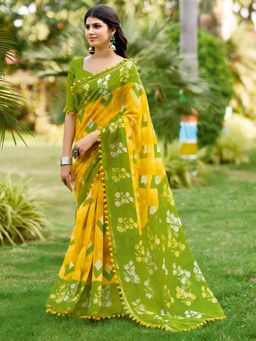 Nyri - Womens Cotton Yellow Printed Designer Saree