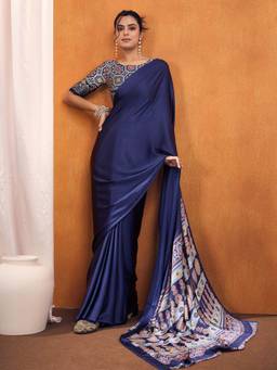 Nyri - Womens Satin Silk Navy Blue Printed Designer Saree