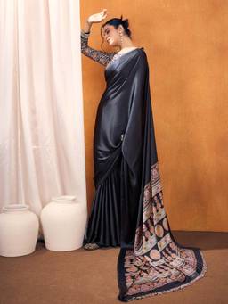 Nyri - Womens Satin Silk Black Printed Designer Saree