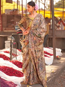 Nyri - Womens Silk Blend Beige Printed Designer Saree