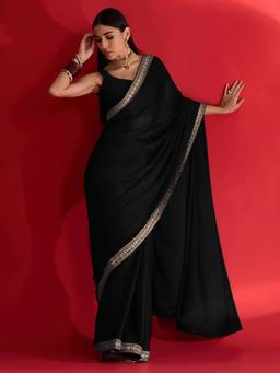 Nyri - Womens Satin Black Embellished Designer Saree