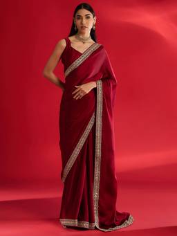 Nyri - Womens Satin Maroon Embellished Designer Saree