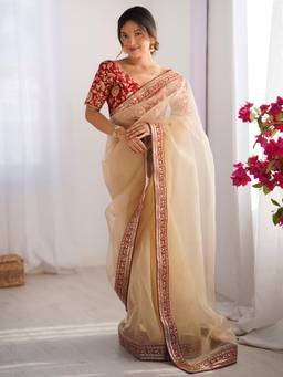 Nyri - Womens Organza Cream Embellished Designer Saree