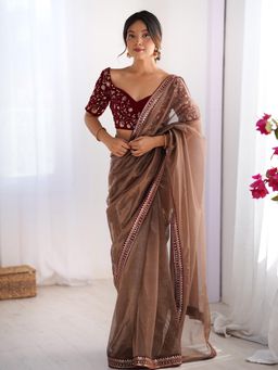 Nyri - Womens Net Bronze Embellished Designer Saree