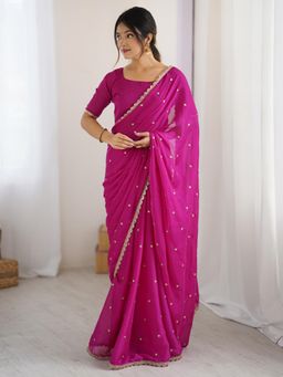 Nyri - Womens Pure Georgette Pink Embellished Designer Saree