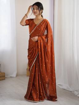 Nyri - Womens Pure Georgette Brown Embellished Designer Saree