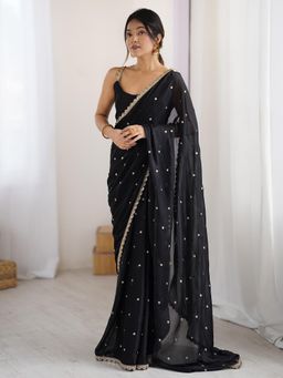 Nyri - Womens Pure Georgette Black Embellished Designer Saree
