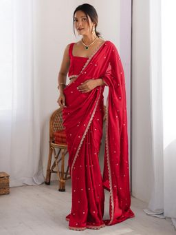 Nyri - Womens Pure Georgette Red Embellished Designer Saree