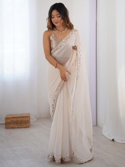 Nyri - Womens Georgette Off White Embellished Designer Saree
