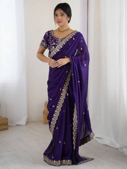 Nyri - Womens Pure Georgette Purple Embellished Designer Saree