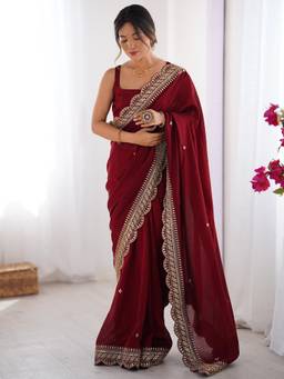Nyri - Womens Vichitra Silk Maroon Embellished Designer Saree