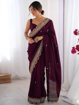 Nyri - Womens Vichitra Silk Wine Embellished Designer Saree