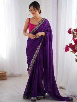 Nyri - Womens Pure Georgette Purple Embellished Designer Saree