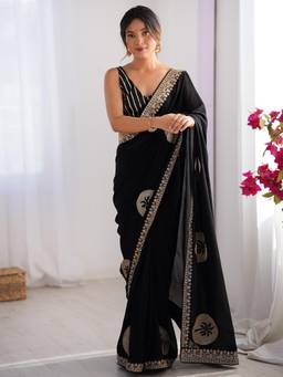 Nyri - Womens Vichitra Silk Black Embellished Designer Saree
