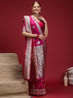 Nyri - Womens Satin Silk Pink Woven Design Designer Saree