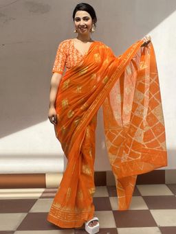 Nyri - Womens Cotton Orange Printed Designer Pre-Draped Saree
